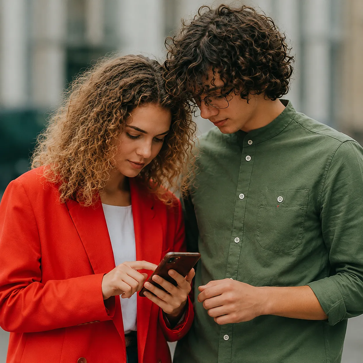 Two friends looking at the LingUp app on a phone