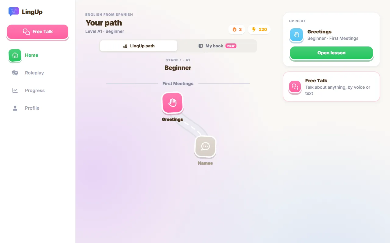 LingUp in a web browser, showing the learning path
